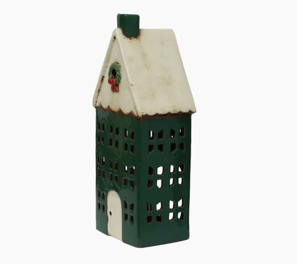 French Country Collections Christmas Tea Light House Green with Wreath Large