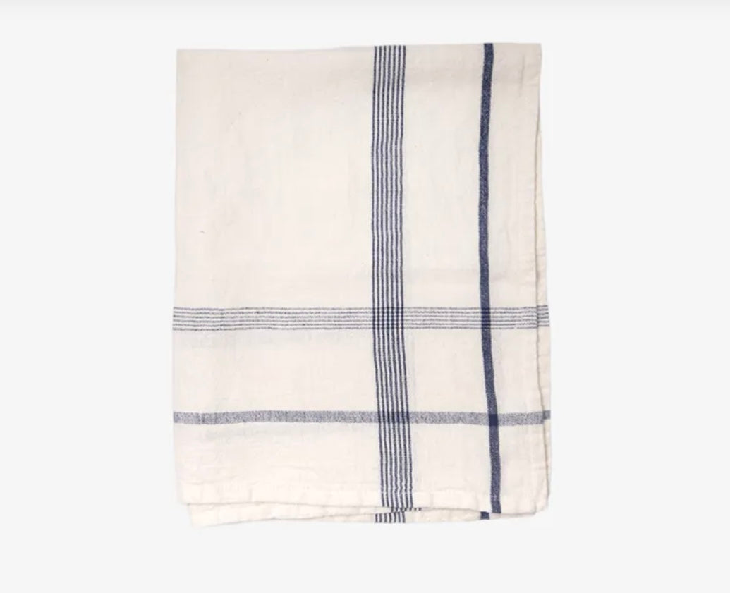French Country Plaid Cotton Teatowel - Marine Blue