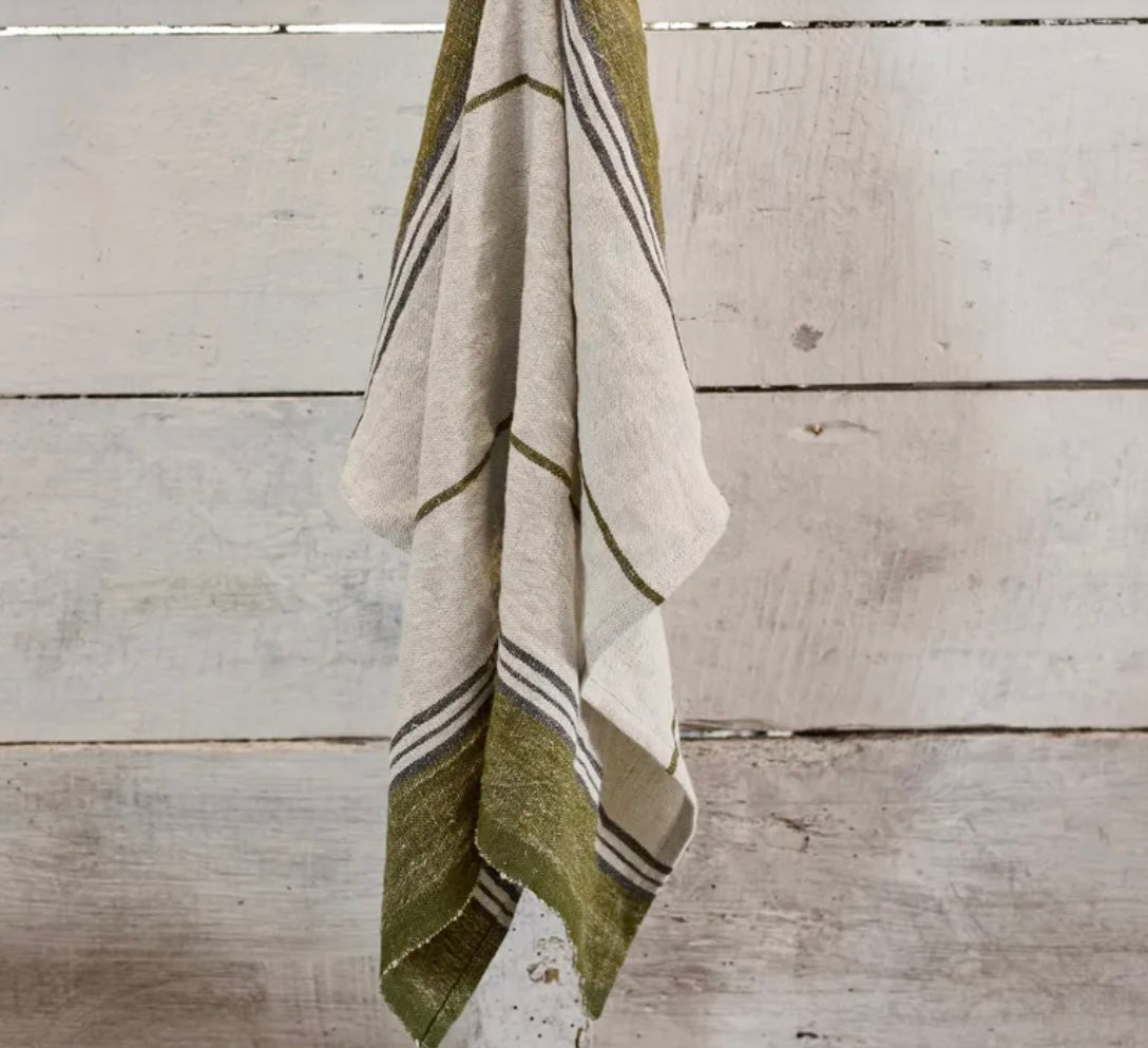French Country Green Selvedge Stripe Linen Teatowel