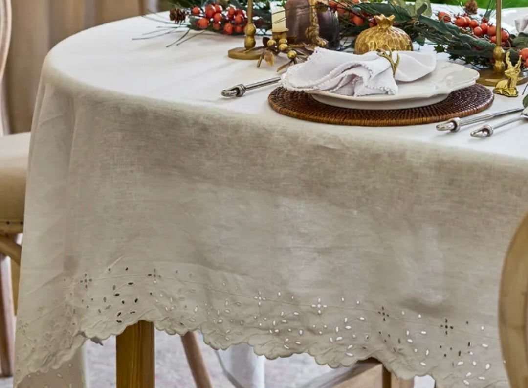 French Country Embroidered Large White Table Cloth