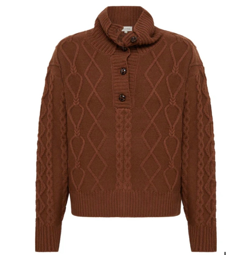 Iris & Wool Heart Cable Button Neck Jumper Brown