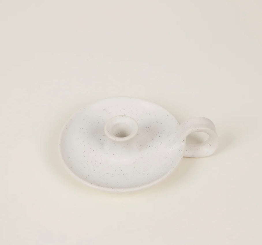 Candle holder with handle and white speckle