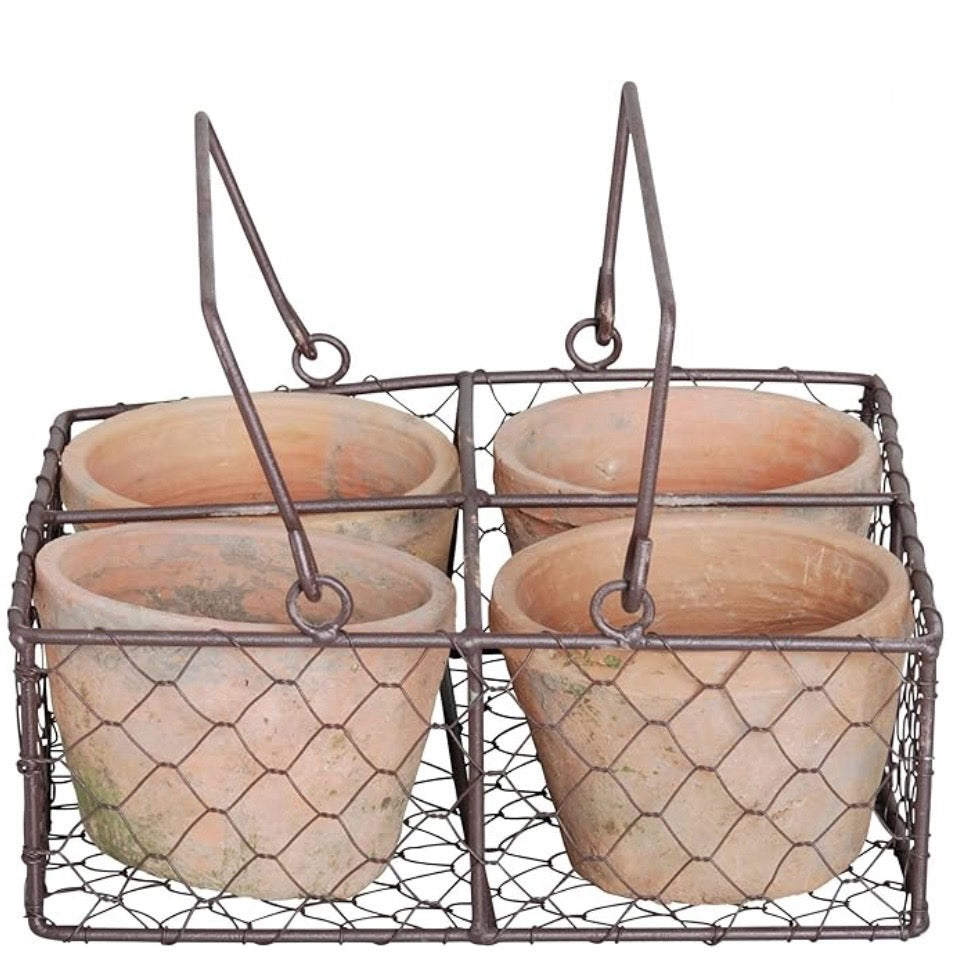 Aged terracotta pots in wire basket - Set of 4