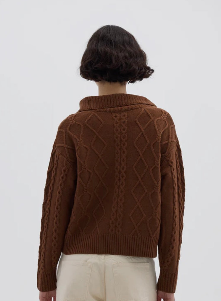 Iris & Wool Heart Cable Button Neck Jumper Brown