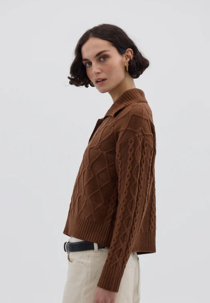 Iris & Wool Heart Cable Button Neck Jumper Brown