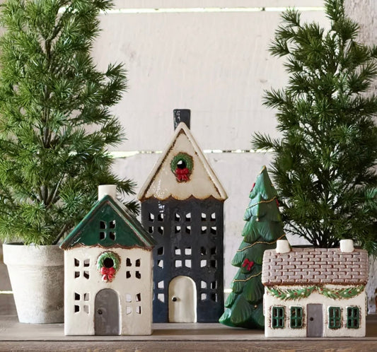 French Country Collections Christmas Tea Light House Blue with Wreath Large