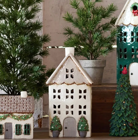 French Country Collections Christmas Tea Light House Stone with Pots Medium