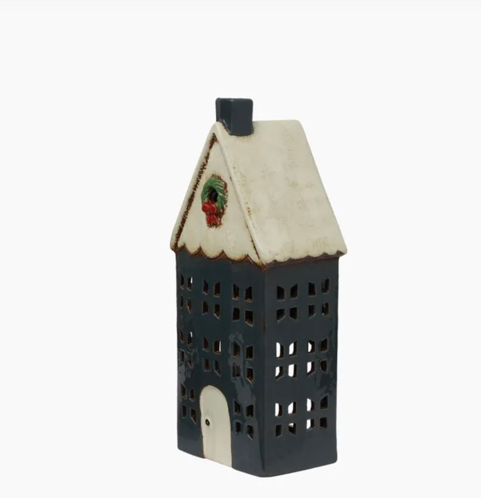 French Country Collections Christmas Tea Light House Blue with Wreath Large