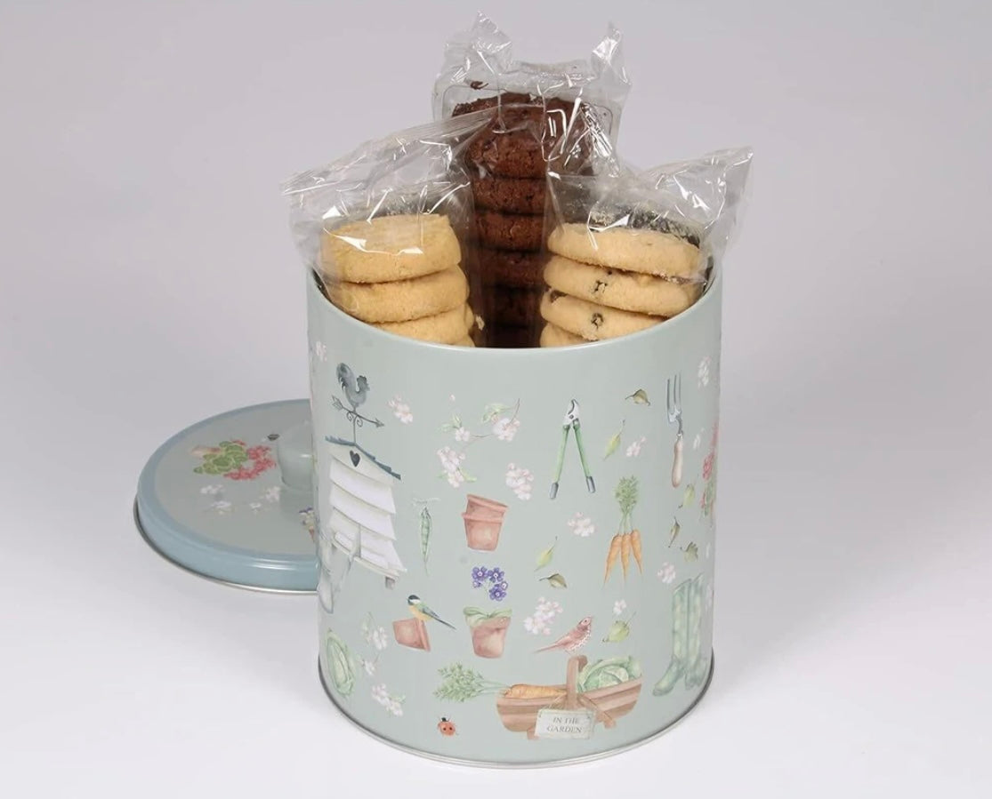 Embossed garden & beehive biscuit tin (with selection of biscuits)