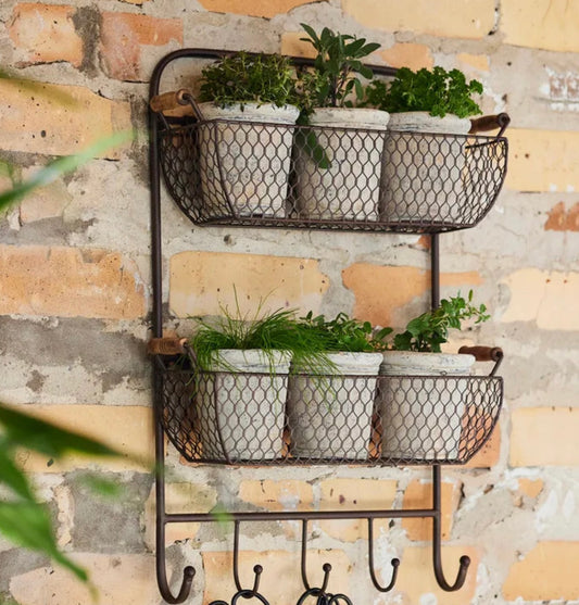 French Country Mesh Wall Shelf with Hooks