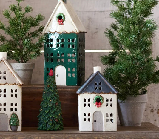 French Country Collections Chistmas Tea Light House Blue with Wreath Small
