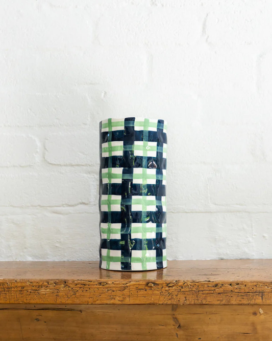 Noss & Co Navy & Mint Green Gingham Vase - Small