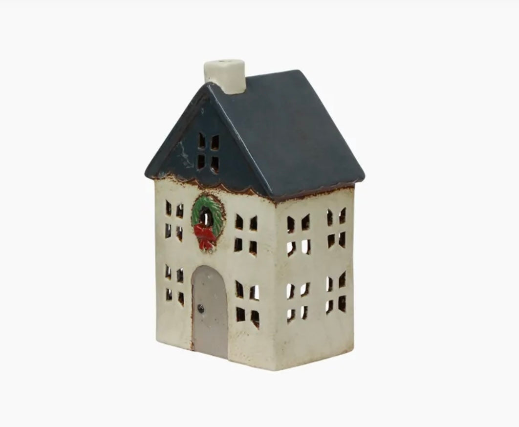 French Country Collections Chistmas Tea Light House Blue with Wreath Small