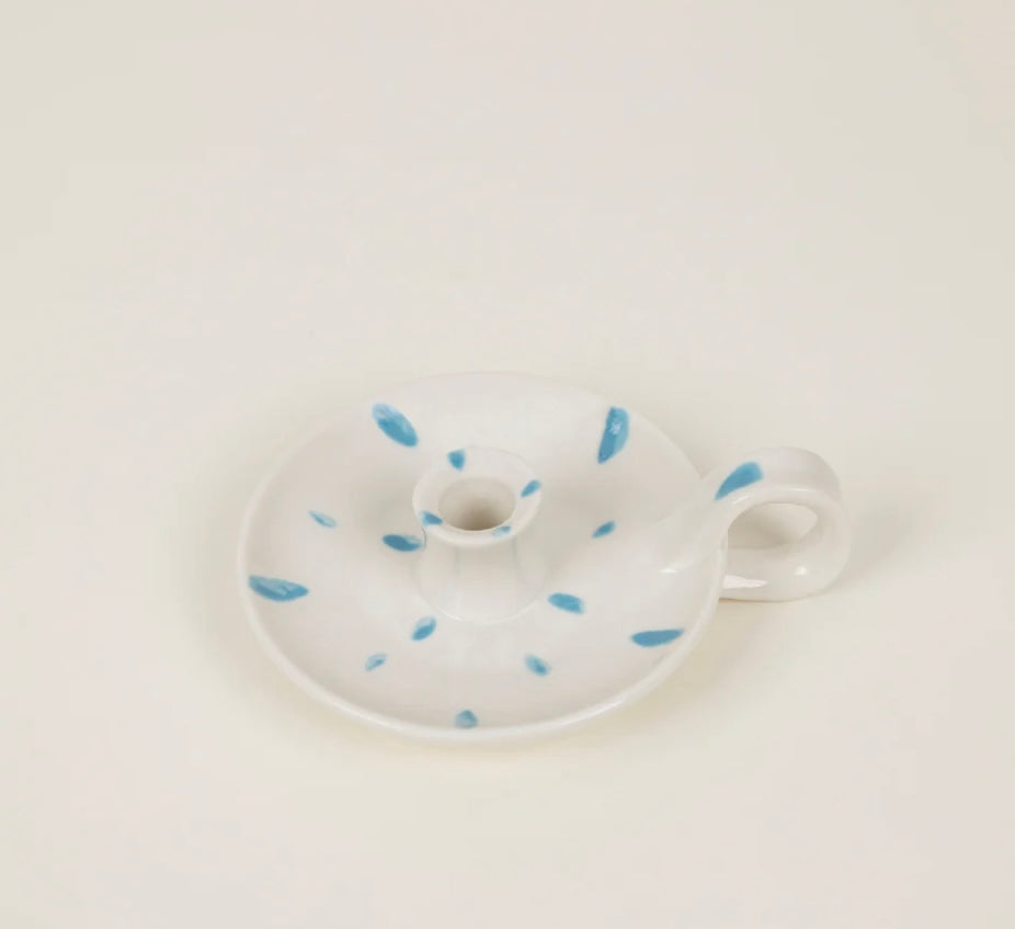 Candle holder with handle & sky blue detailing