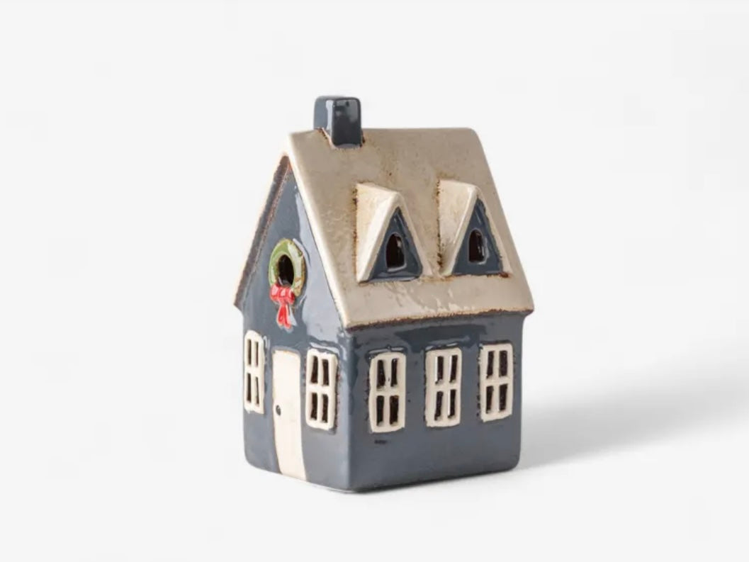 French Country Collections Alsace Tea Light Cottage Navy with Wreath