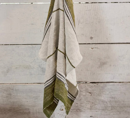 French Country Green Selvedge Stripe Linen Teatowel