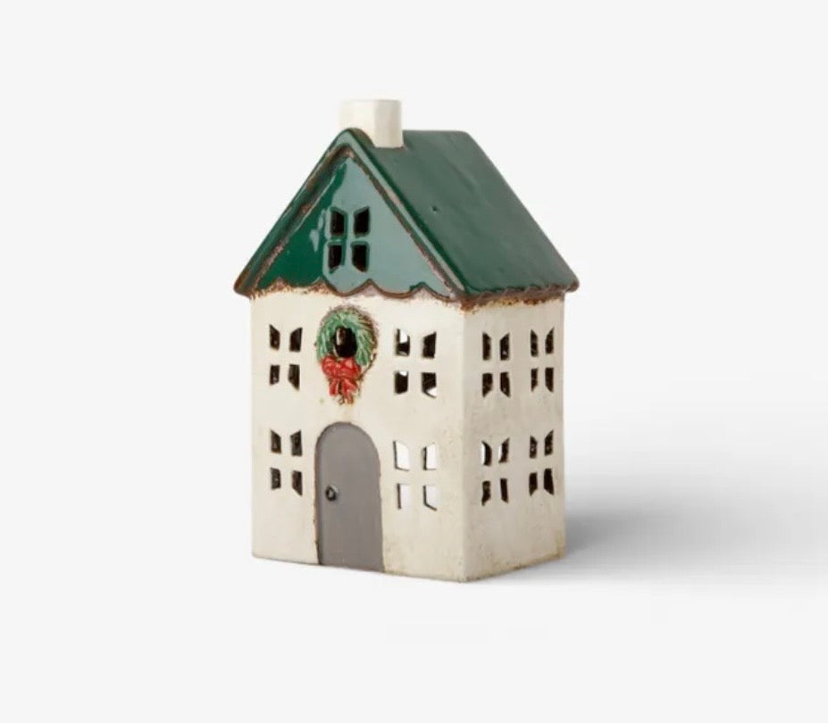 French Country Collections Christmas Tea Light House Green with Wreath Small YA0086