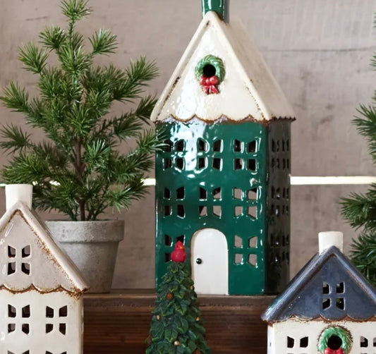 French Country Collections Christmas Tea Light House Green with Wreath Large