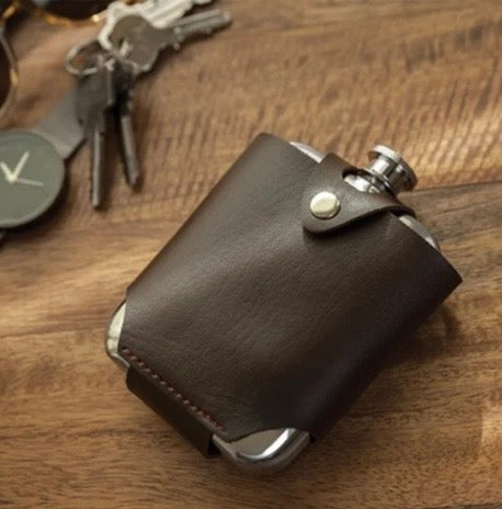 Viski Admiral Stainless Steel flask with leather travel case