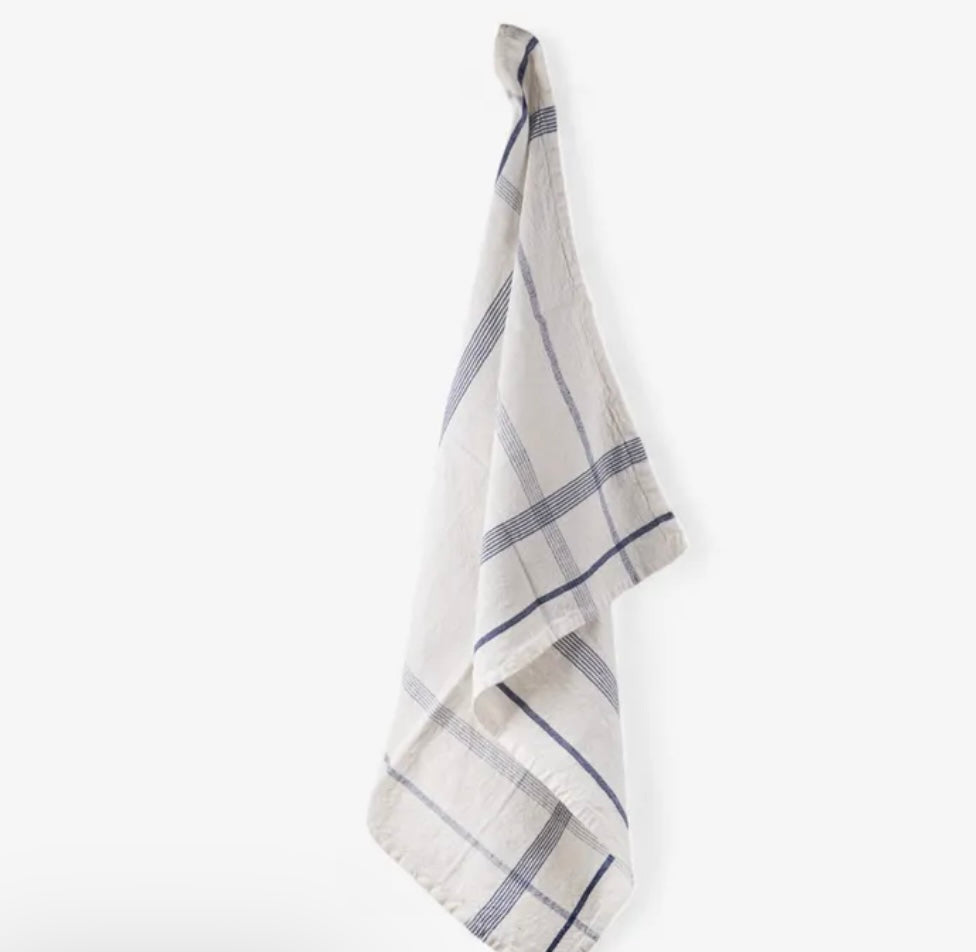 French Country Plaid Cotton Teatowel - Marine Blue