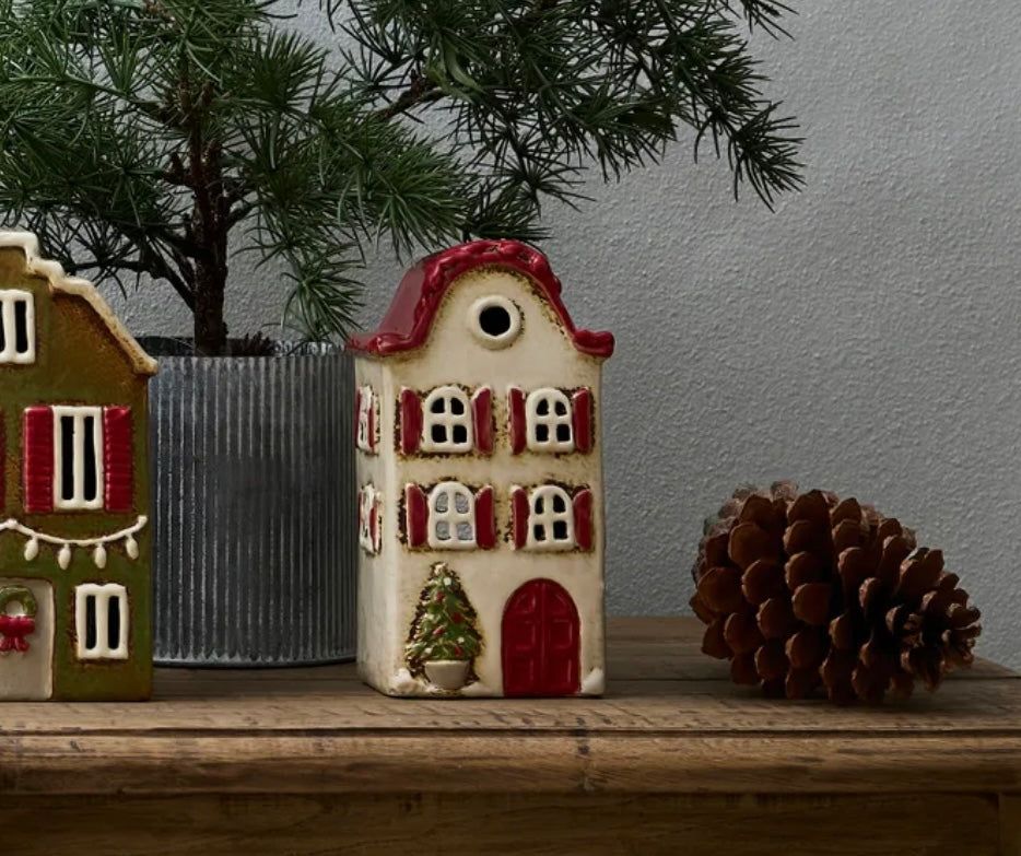 French Country Collections Alsace Tea Light Villa Christmas Stone with Red Shutters