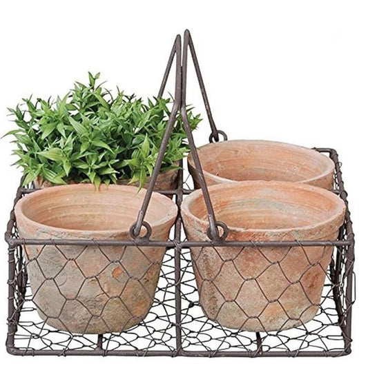 Aged terracotta pots in wire basket - Set of 4