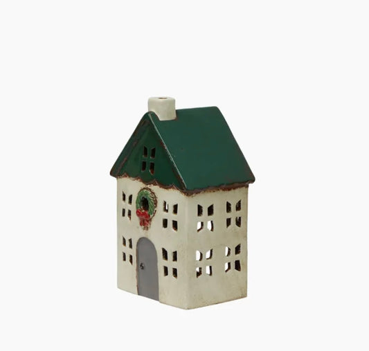 French Country Collections Christmas Tea Light House Green with Wreath Small