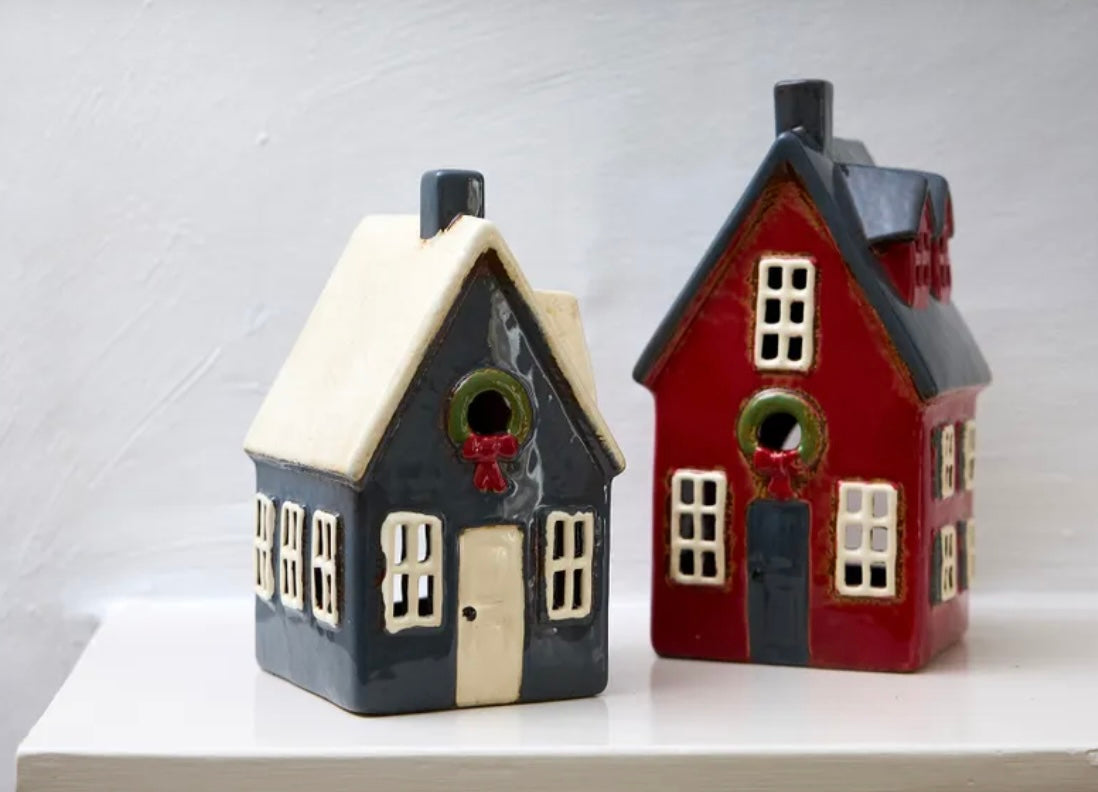 French Country Collections Alsace Tea Light Cottage Navy with Wreath