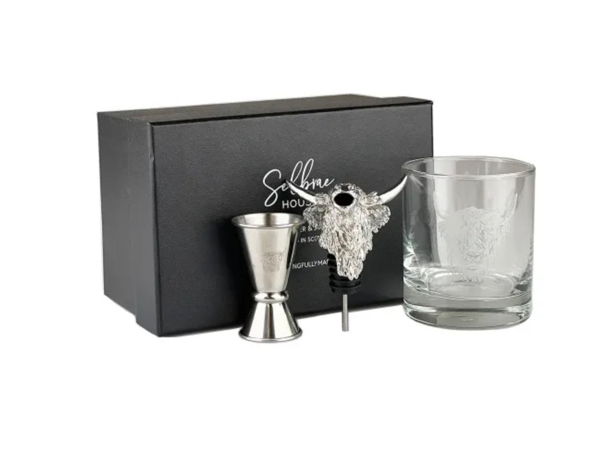Selbrae House glass, pourer, jigger gift set