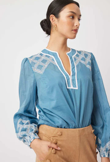 Once Was - Mahra Silk /Cotton Blouse - Aegean Blue