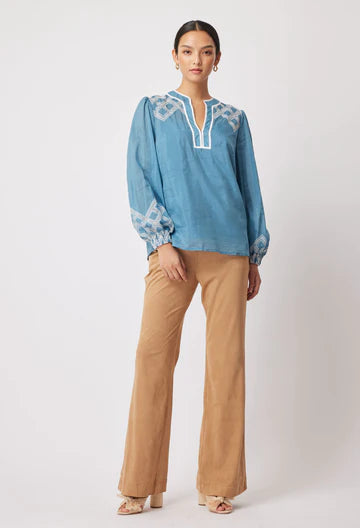 Once Was - Mahra Silk /Cotton Blouse - Aegean Blue