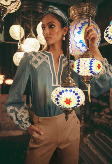 Once Was - Mahra Silk /Cotton Blouse - Aegean Blue