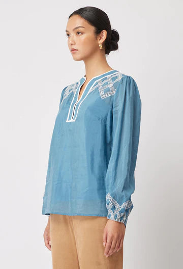 Once Was - Mahra Silk /Cotton Blouse - Aegean Blue