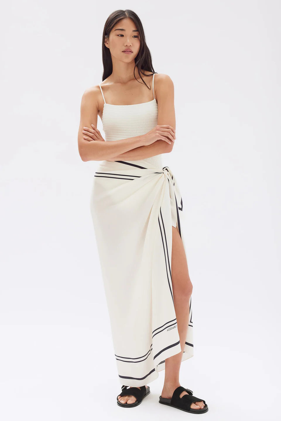 Assembly Label Silk Border Sarong - Cream / True Navy
