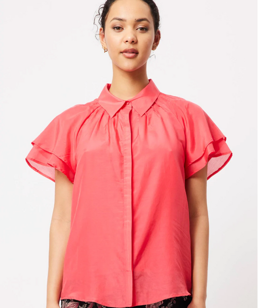 Once Was - Jolie Silk / Cotton Shirt in Coral