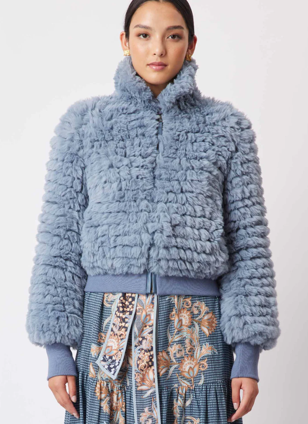 Blue fur bomber sales jacket
