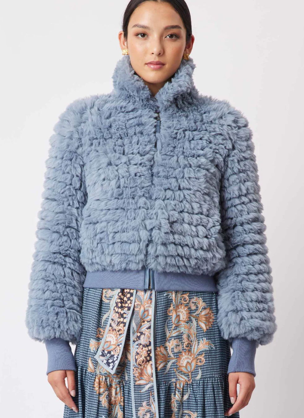 Blue fur outlet bomber jacket