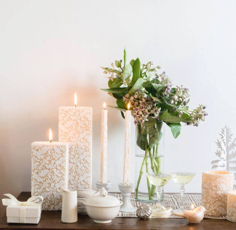Natural Light - 10” Damask Leaf Square Pillar Candle Ivory and White