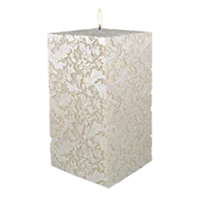 Natural Light - 10” Damask Leaf Square Pillar Candle Ivory and White